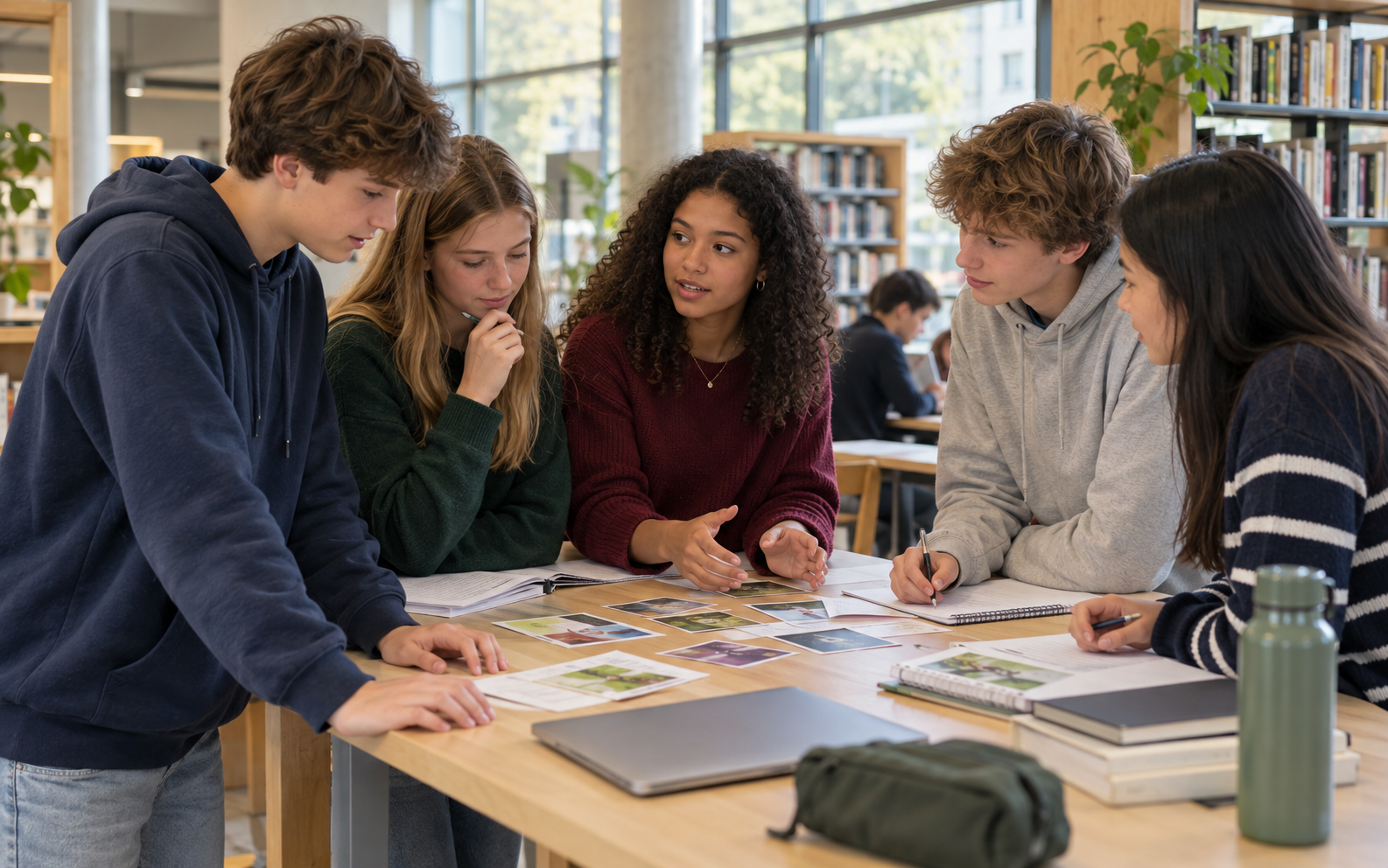 Vijftienjarige leerlingen bespreken studiekeuzes in de schoolbibliotheek
